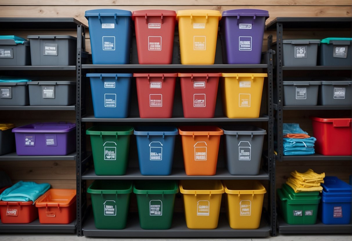 Colorful bins and shelves neatly arranged with labeled sections for toys, books, and clothes. Hooks for backpacks and jackets. A step stool for reaching higher shelves