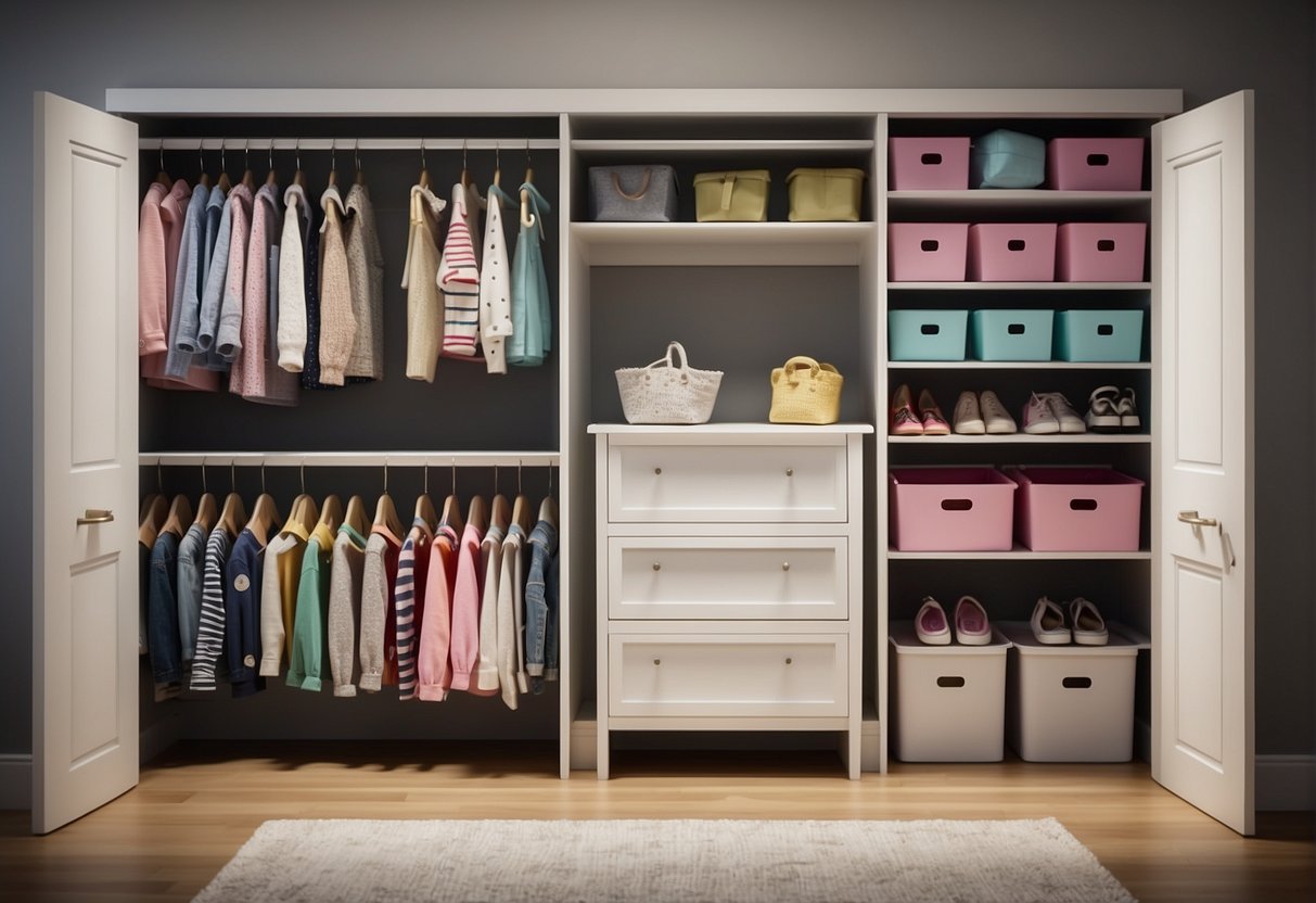 A neatly organized children's closet with labeled bins, hanging rods for clothes, and shelving for shoes and toys