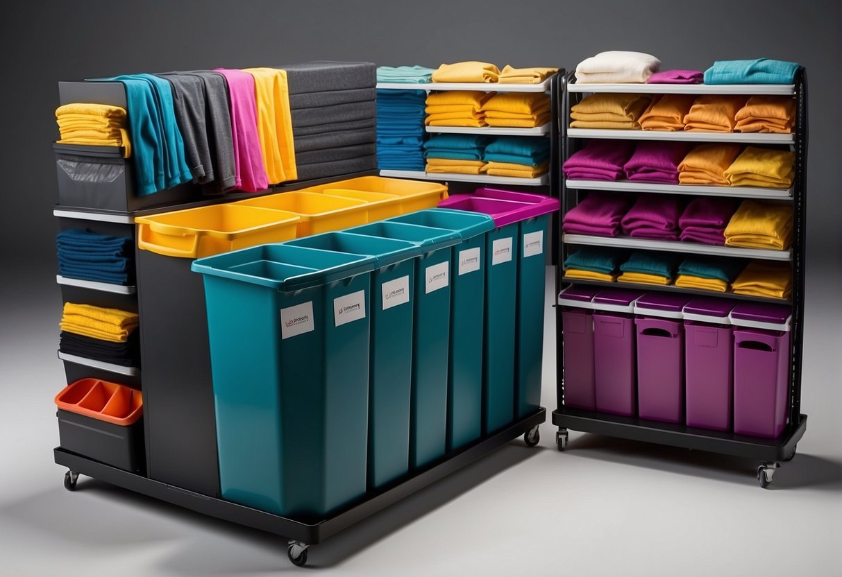Colorful bins and shelves neatly arranged with folded clothes and accessories. Labels and dividers help categorize items for easy access