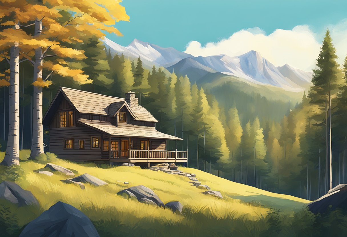 A cabin nestled in the mountains, surrounded by dense forest and a clear blue sky