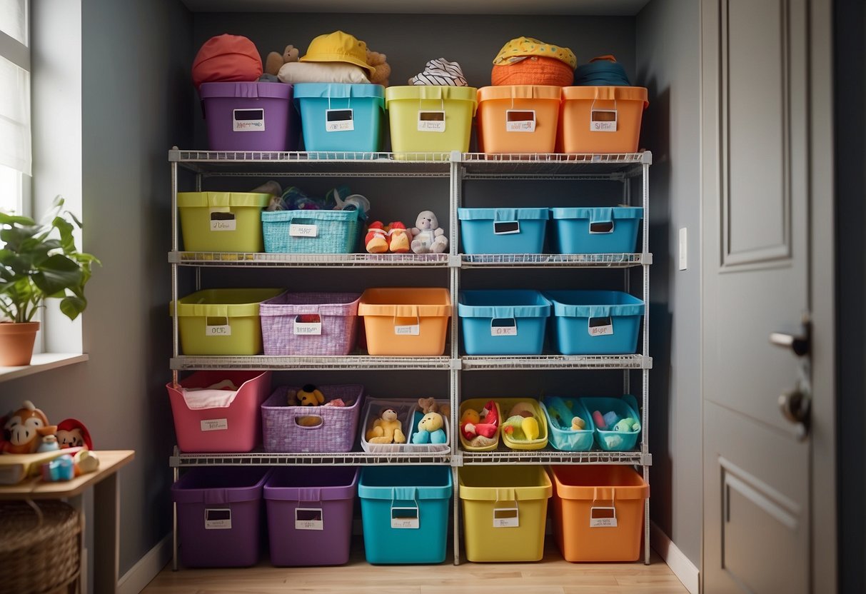 A colorful closet with labeled bins and hanging shelves for kids' clothes and toys. Clever storage solutions keep everything neat and accessible