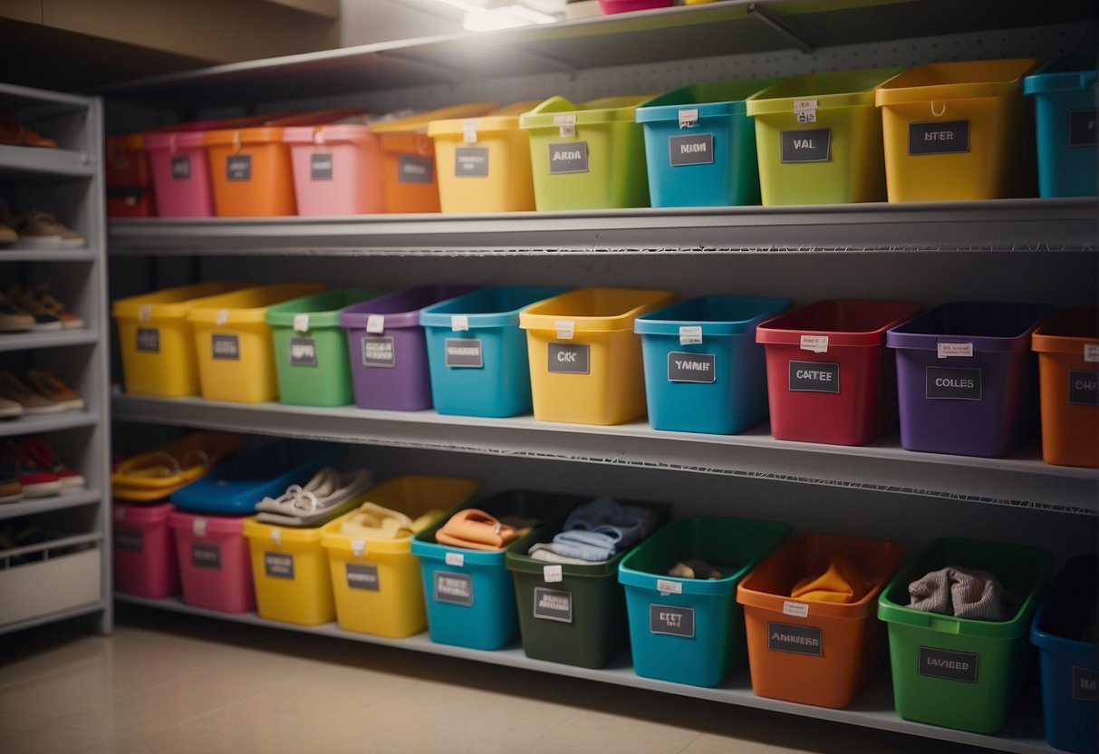 Colorful bins and baskets neatly arranged on shelves. Labels clearly marking where each item belongs. Hanging organizers for clothes and shoes. A tidy and organized children's closet