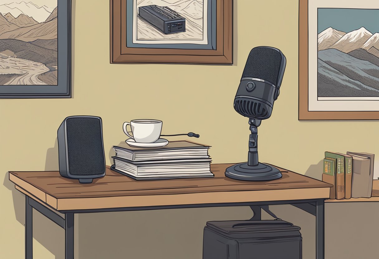 Two microphones stand on a table, surrounded by books and a laptop. A sign reading "Joe Rogan Experience" hangs on the wall, next to a framed photo of Ruby Ridge