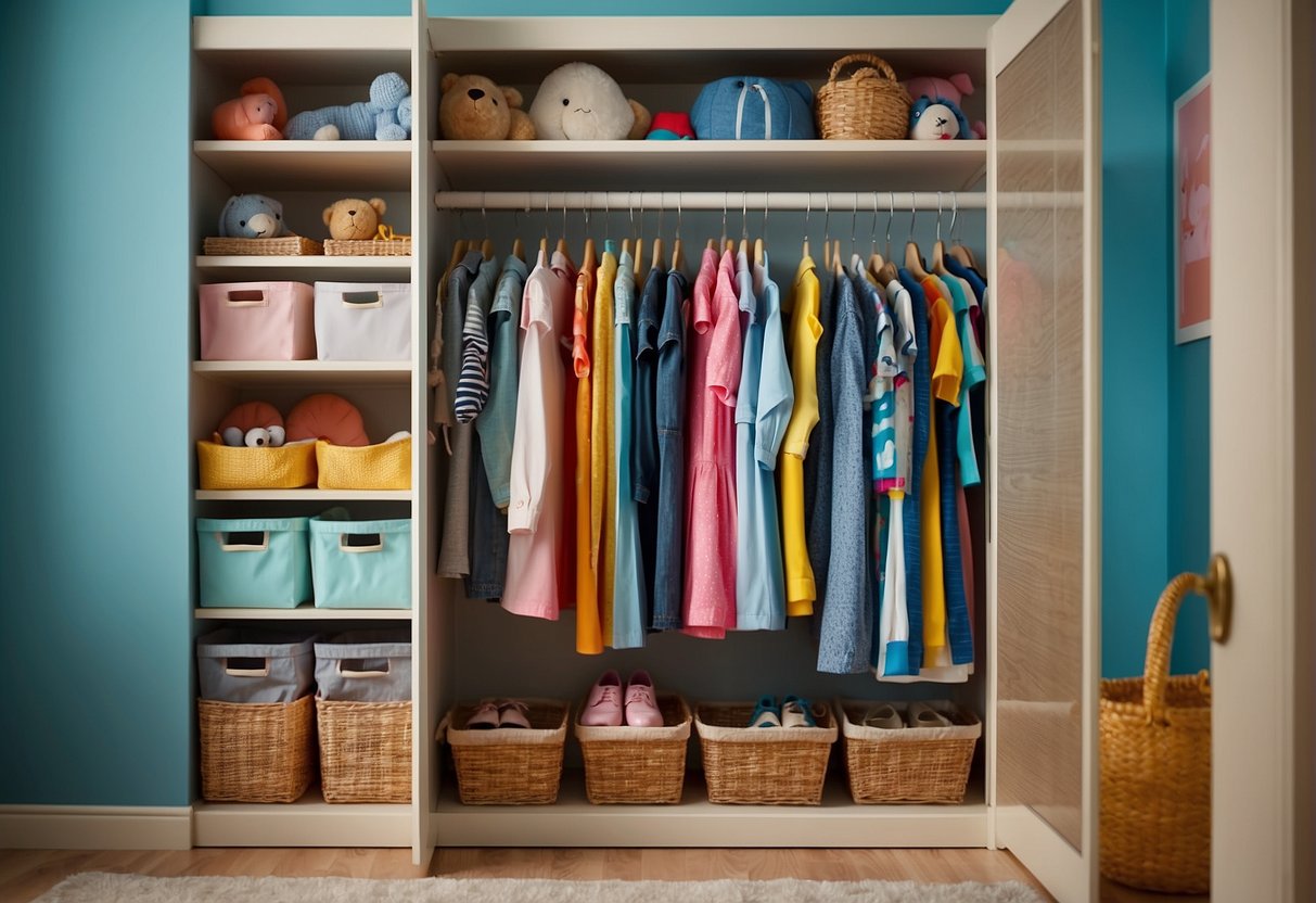A colorful, organized children's closet with labeled bins, adjustable shelves, and hanging rods for easy access to clothes and toys