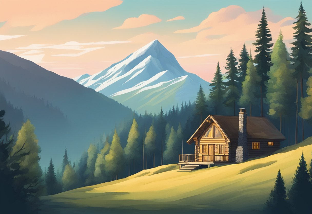A mountainous landscape with a cabin nestled among tall trees. A lone figure stands outside, gazing at the distant horizon