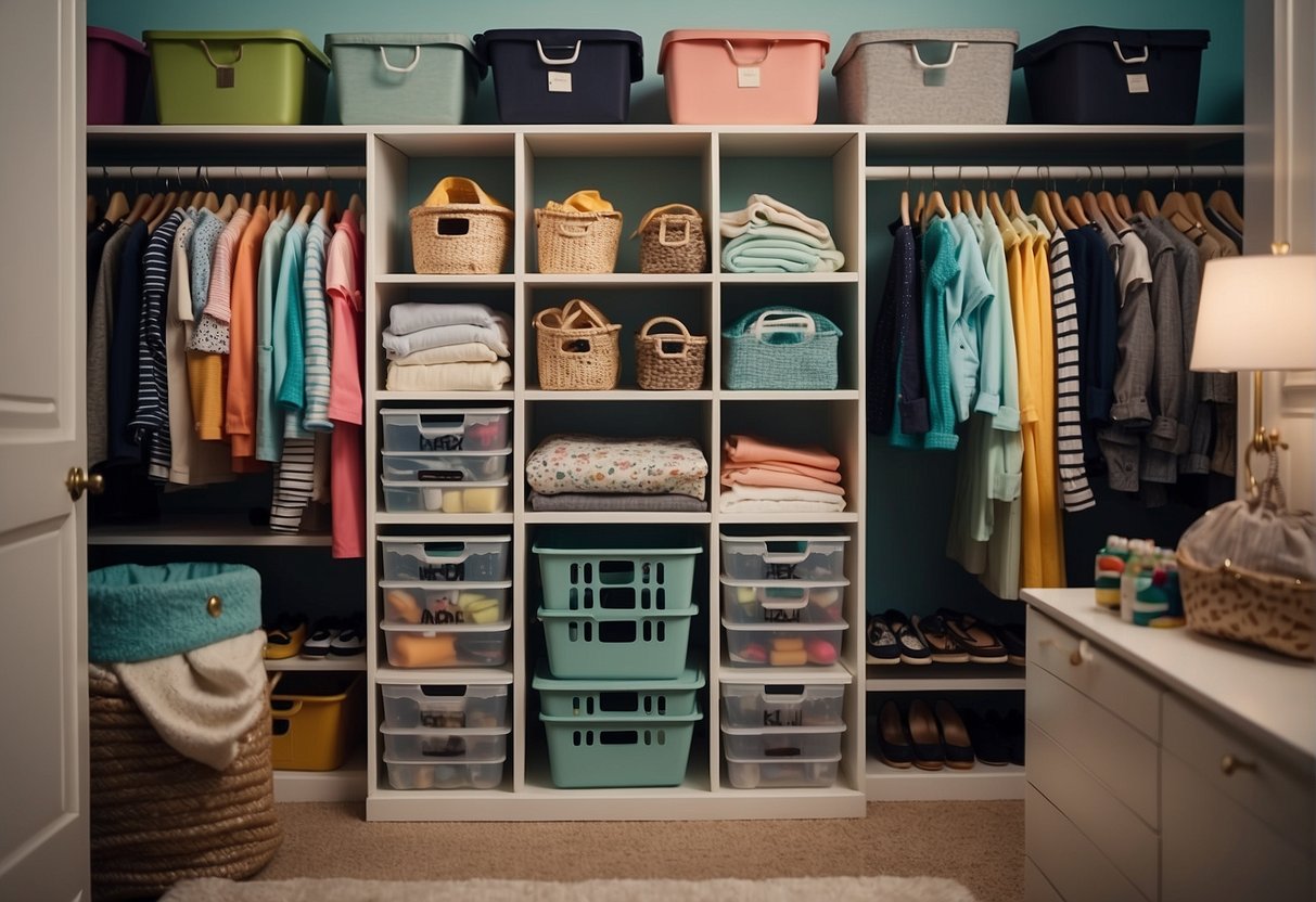 A closet filled with neatly organized shelves, bins, and hangers for children's clothes. Labels and colorful storage containers add a playful touch
