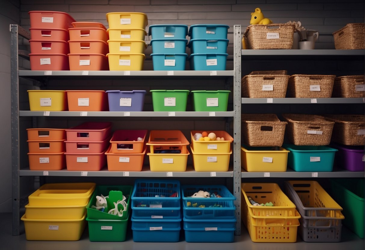 Colorful bins and baskets neatly stacked on shelves. Hanging organizers filled with toys and clothes. Labels on each container for easy identification