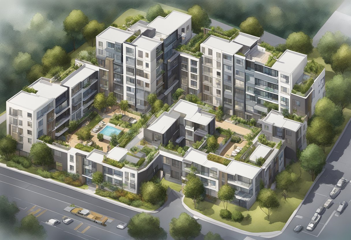 Aerial view of Galaxy Apartments, capturing the exterior, surrounding area, and address details