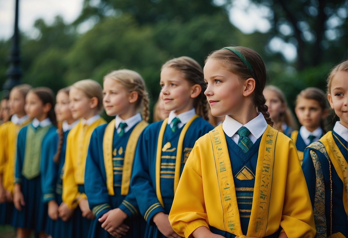 A vibrant color scheme of blues, greens, and yellows with geometric patterns adorning the children's choir uniforms