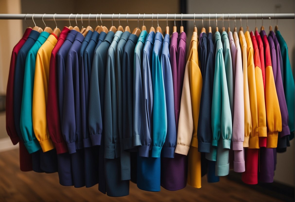 Children's choir uniforms displayed on racks, with various color and style options. Fabric swatches and design sketches scattered on a nearby table