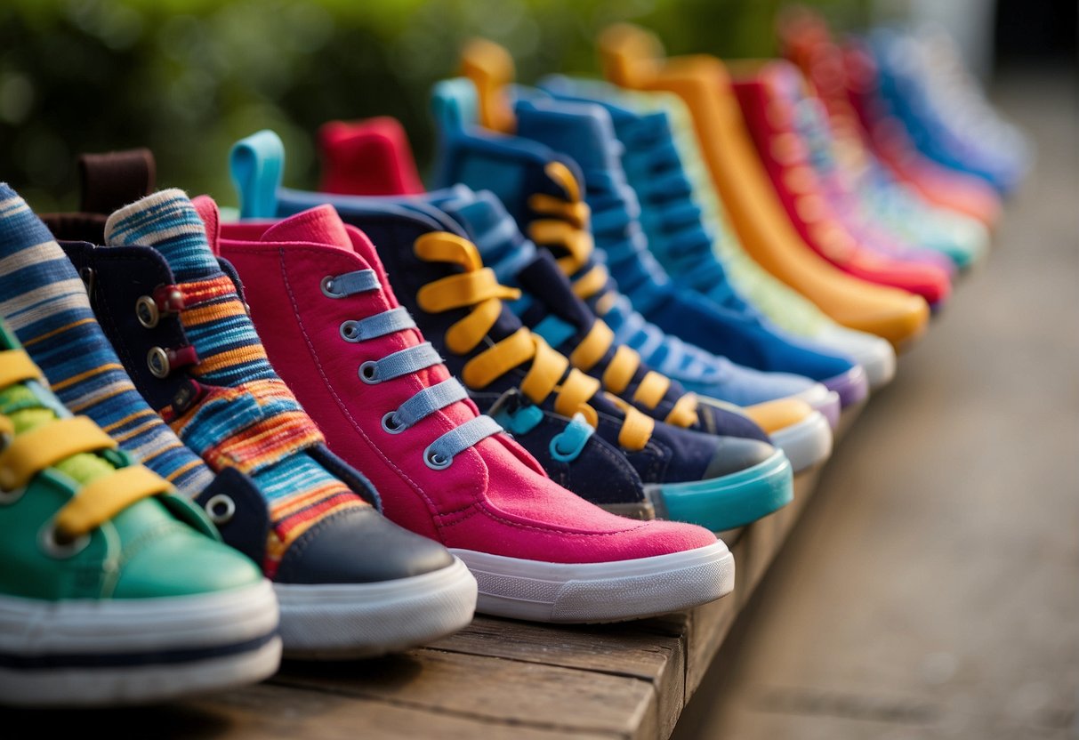 A row of colorful children's shoes and socks neatly arranged in a line, with different options for uniform ideas