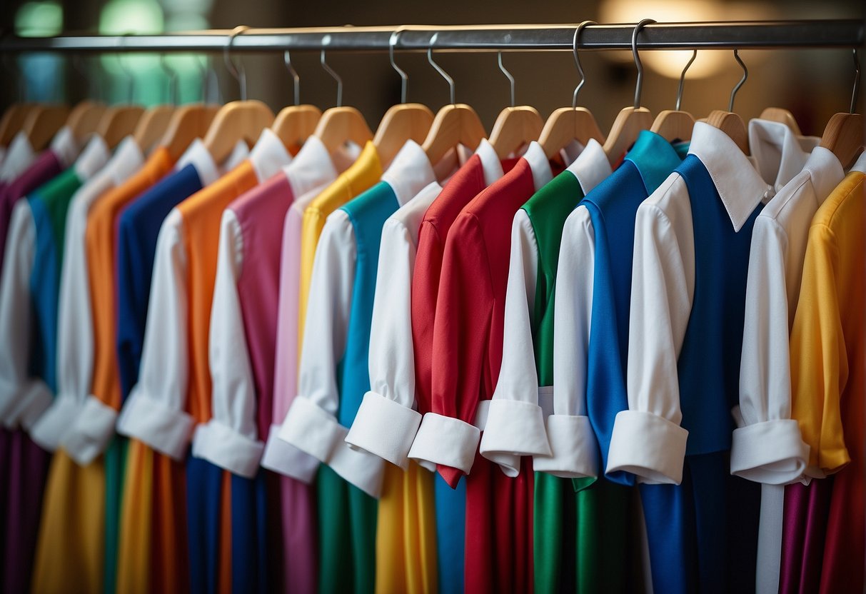 Children's choir uniforms displayed on a rack, with parents providing guidance and support. Colorful fabric swatches and design sketches are scattered on a nearby table
