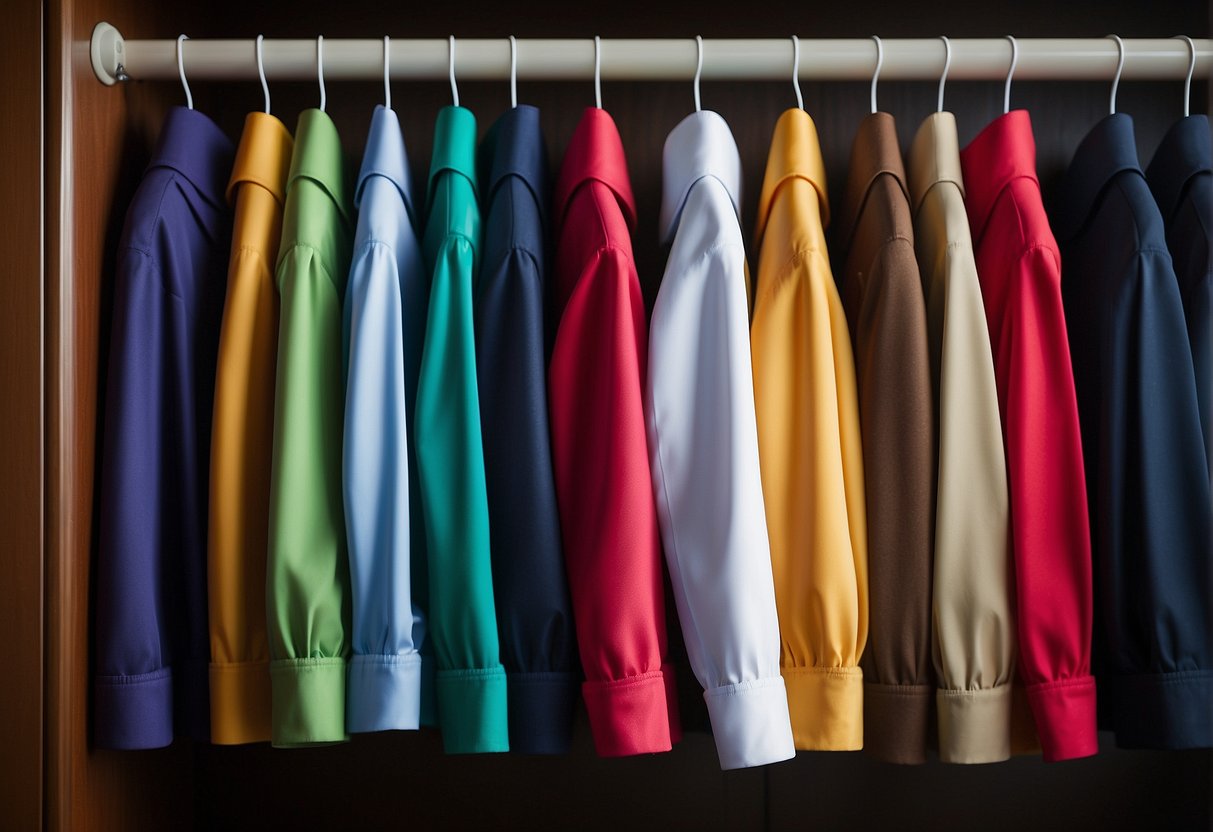 A row of neatly hung children's choir uniforms, with colorful sashes and polished shoes, displayed in a well-organized closet