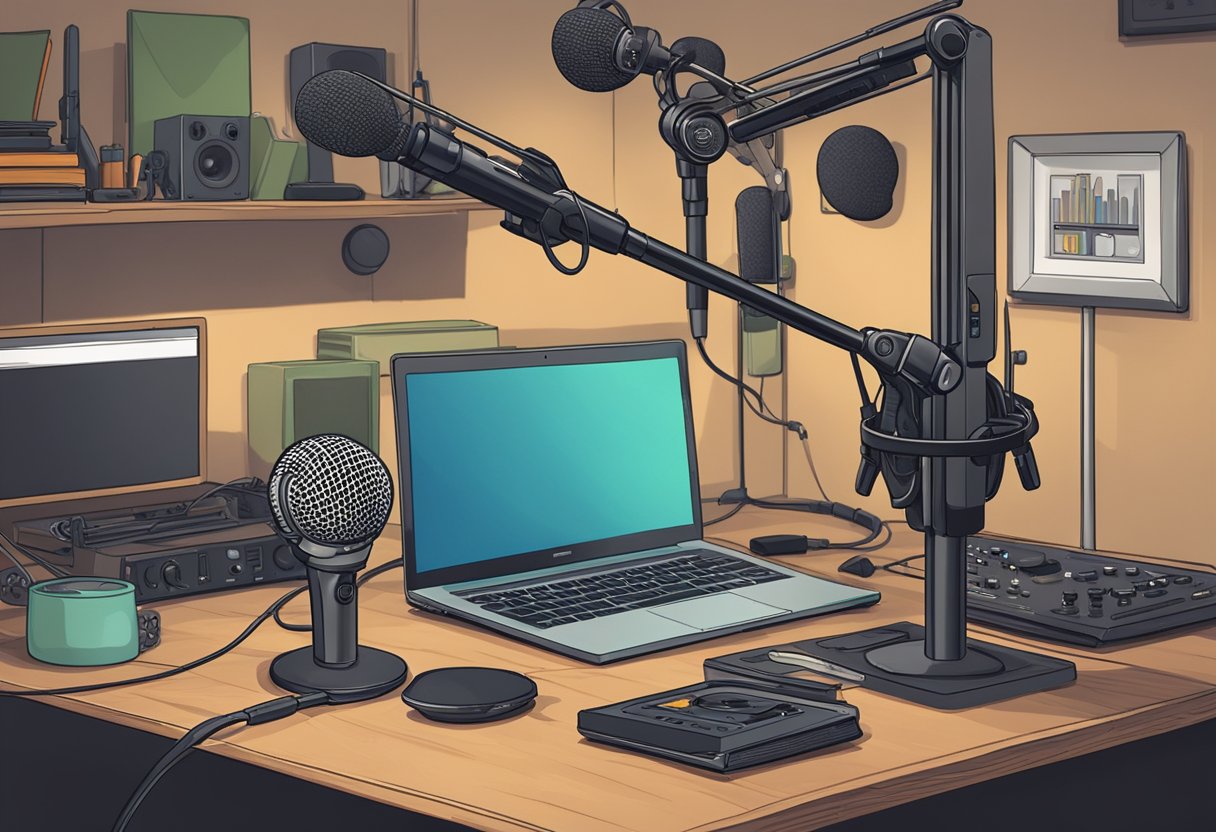 A microphone stands on a table, surrounded by recording equipment and headphones. A laptop displays the logo for "The Joe Rogan Experience."