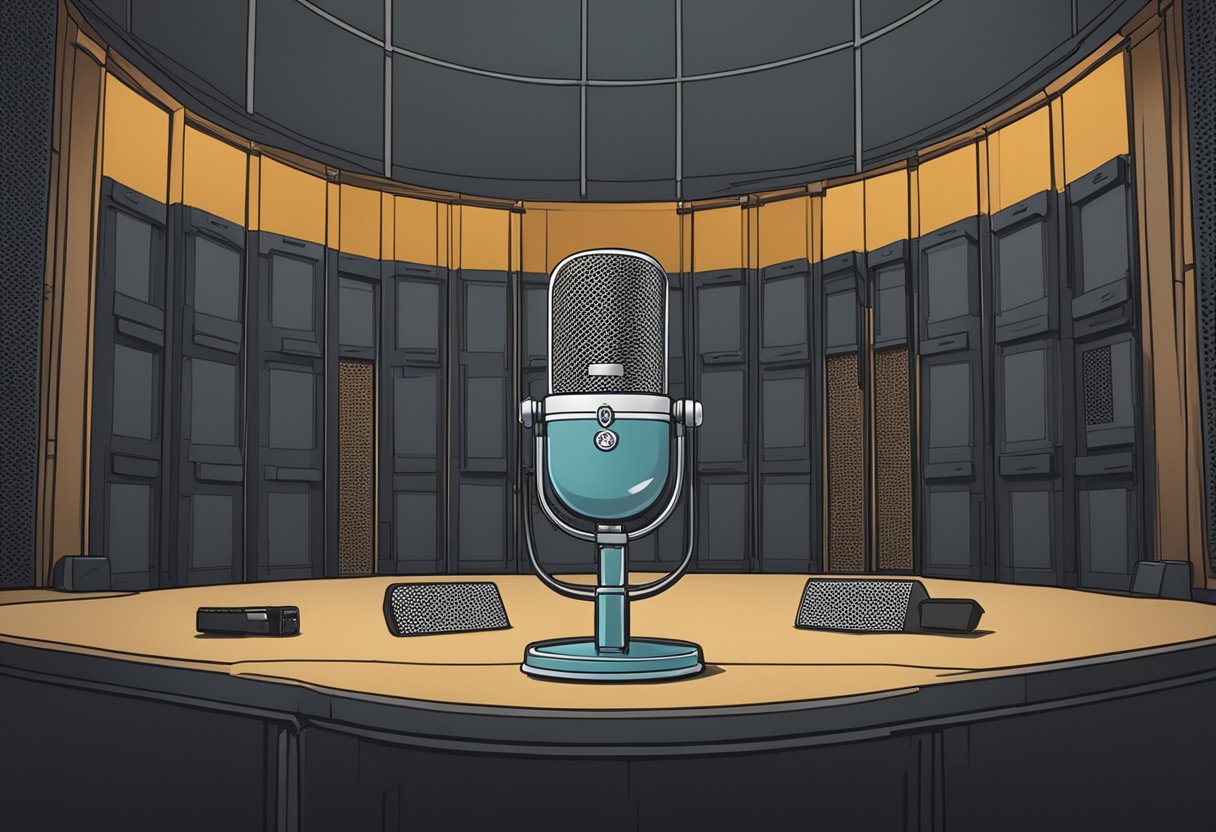 A podcast microphone surrounded by soundproofing panels, with the Joe Rogan Experience logo displayed prominently in the background