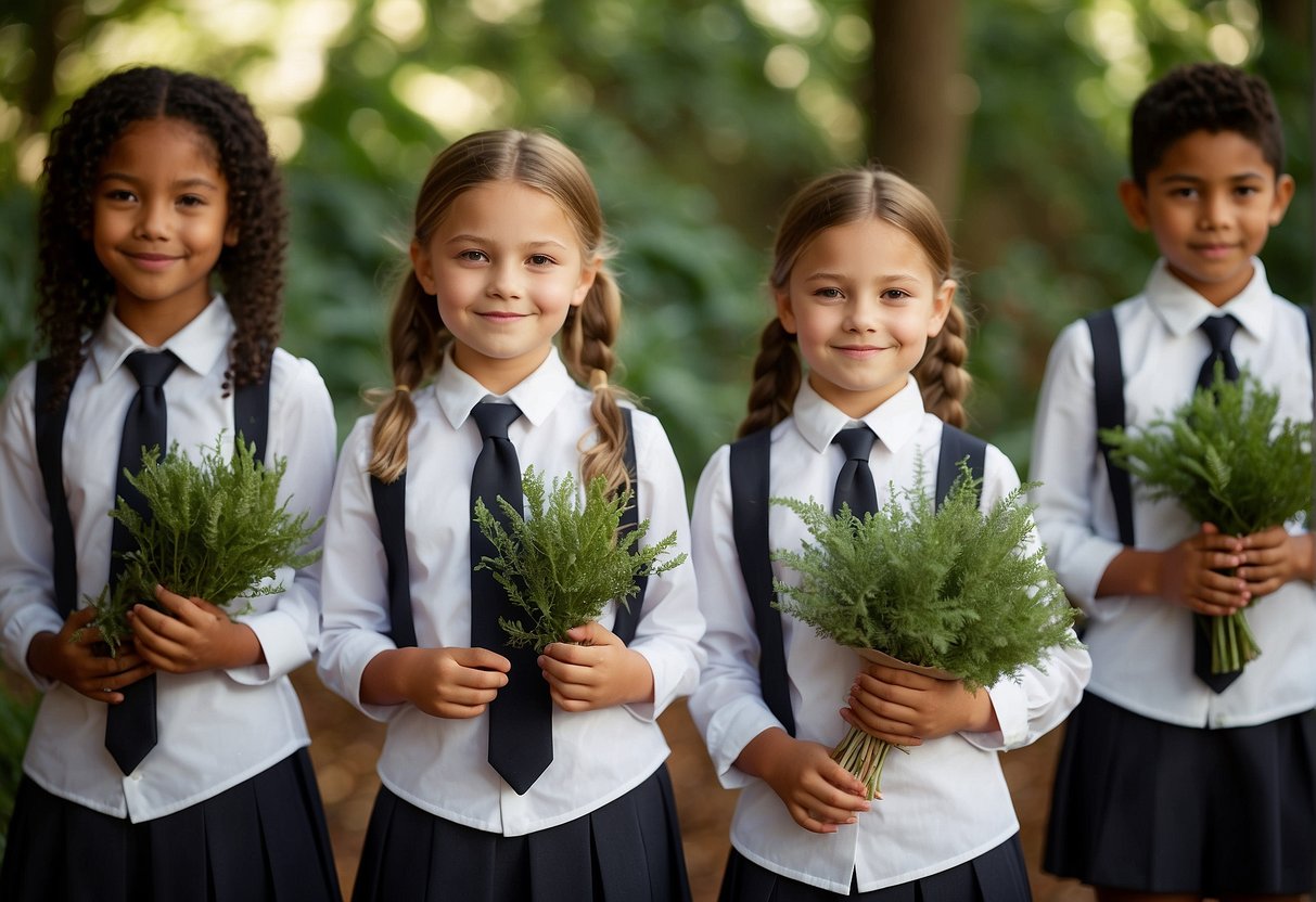Children's choir uniforms made from recycled materials, with earthy colors and nature-inspired designs. Hanging plants and eco-friendly accessories add to the sustainable theme