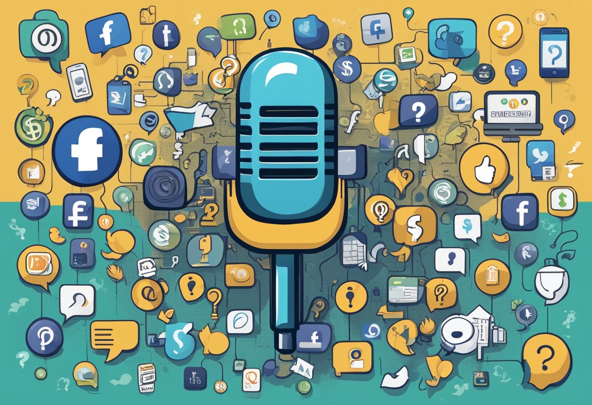 A microphone surrounded by various social media icons, with dollar signs and question marks floating above, symbolizing the widespread influence and commentary surrounding the value of the Joe Rogan Experience