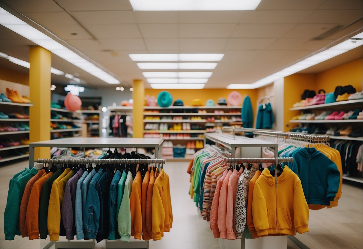 A colorful display of trendy kids' clothes on racks and shelves in a bright, inviting store setting