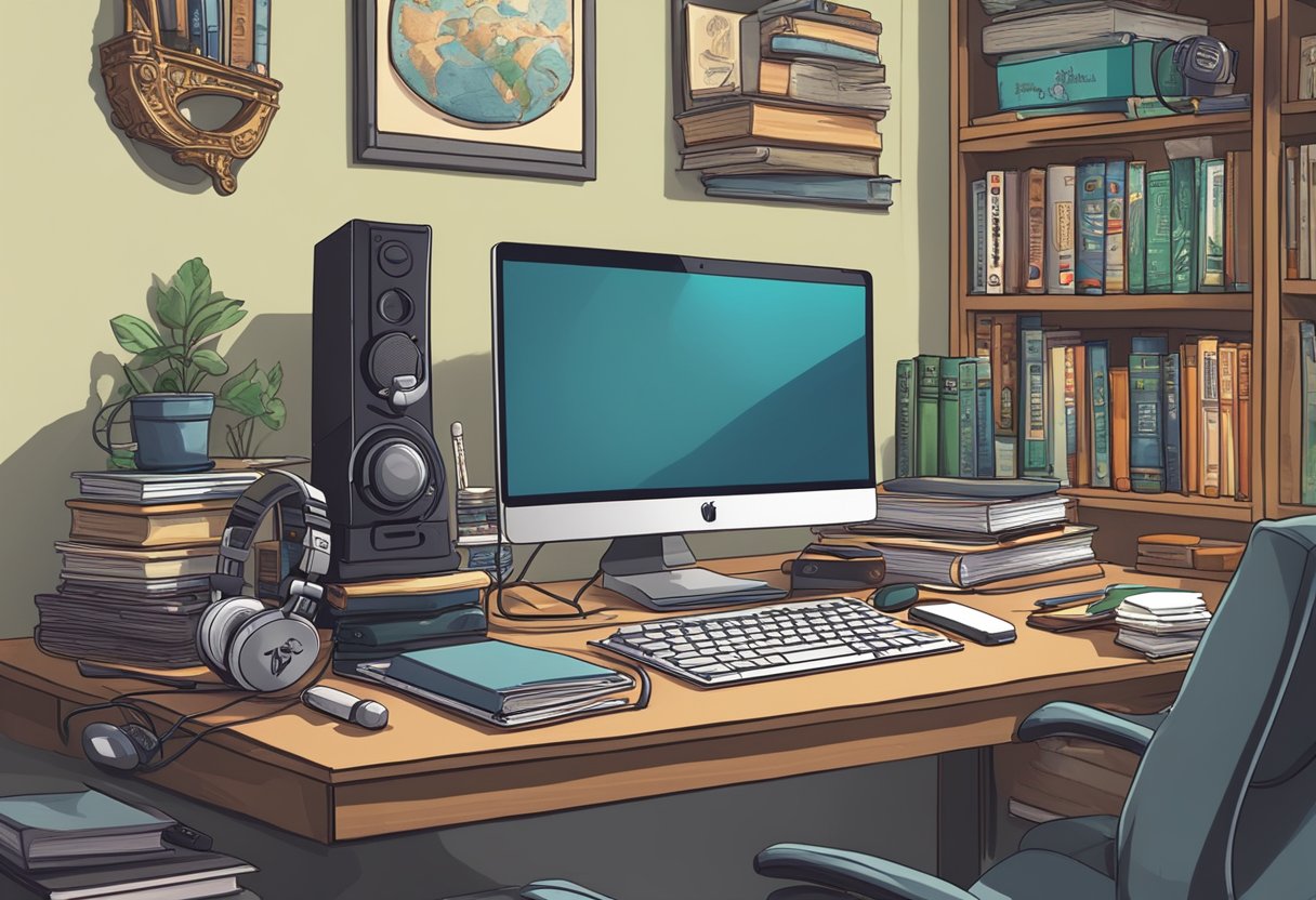 A cluttered desk with headphones, a microphone, and a laptop displaying "The Joe Rogan Experience" logo. A bookshelf filled with various books on personal interests and hobbies in the background