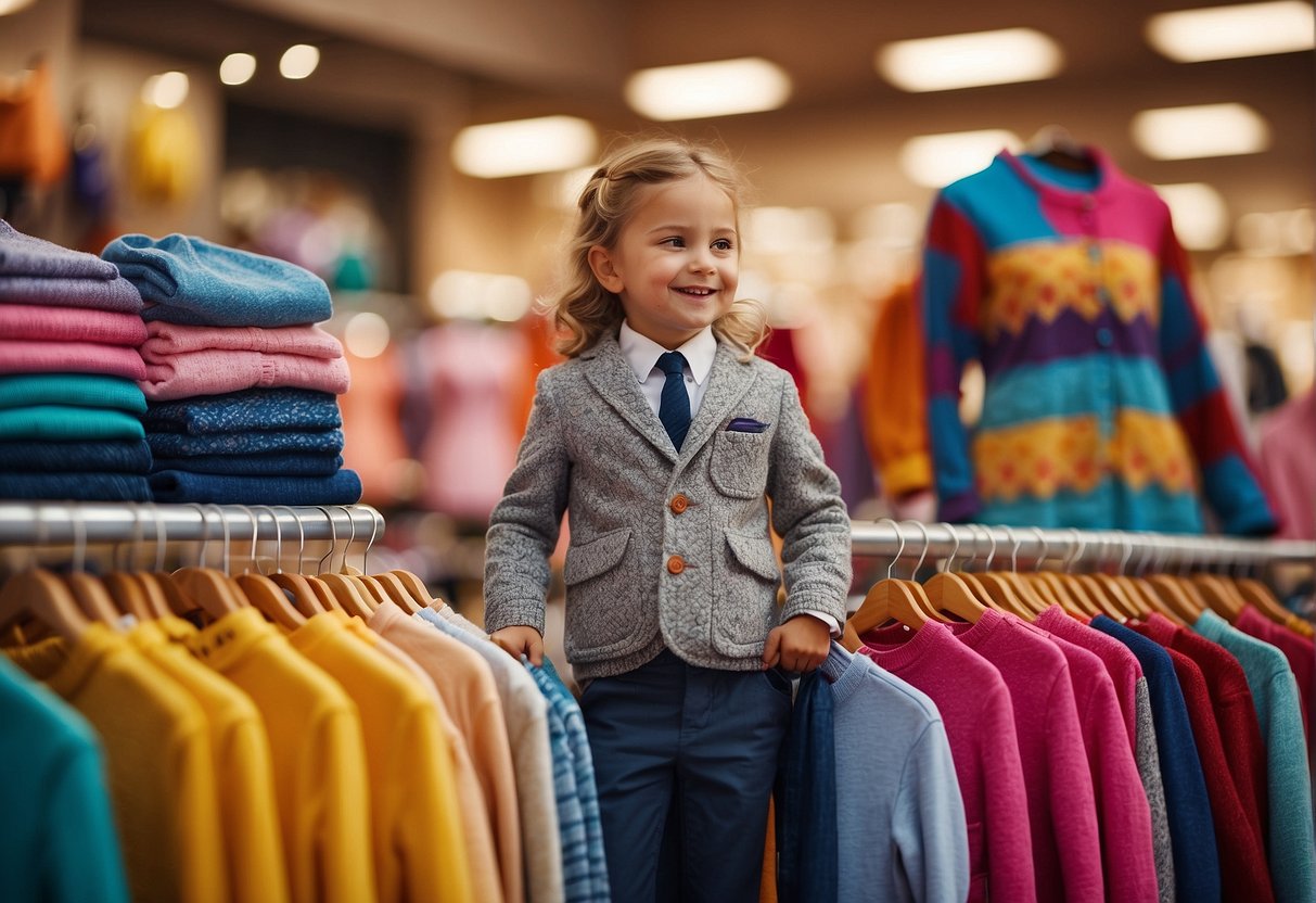 Children's clothing displayed in a vibrant market setting, with colorful and playful designs catching the eye of young customers and their parents