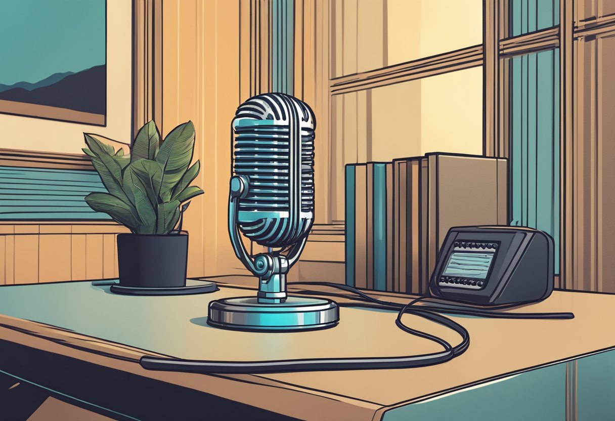 A vintage microphone stands on a sleek modern desk, symbolizing the transition from tradition to innovation in the podcasting industry