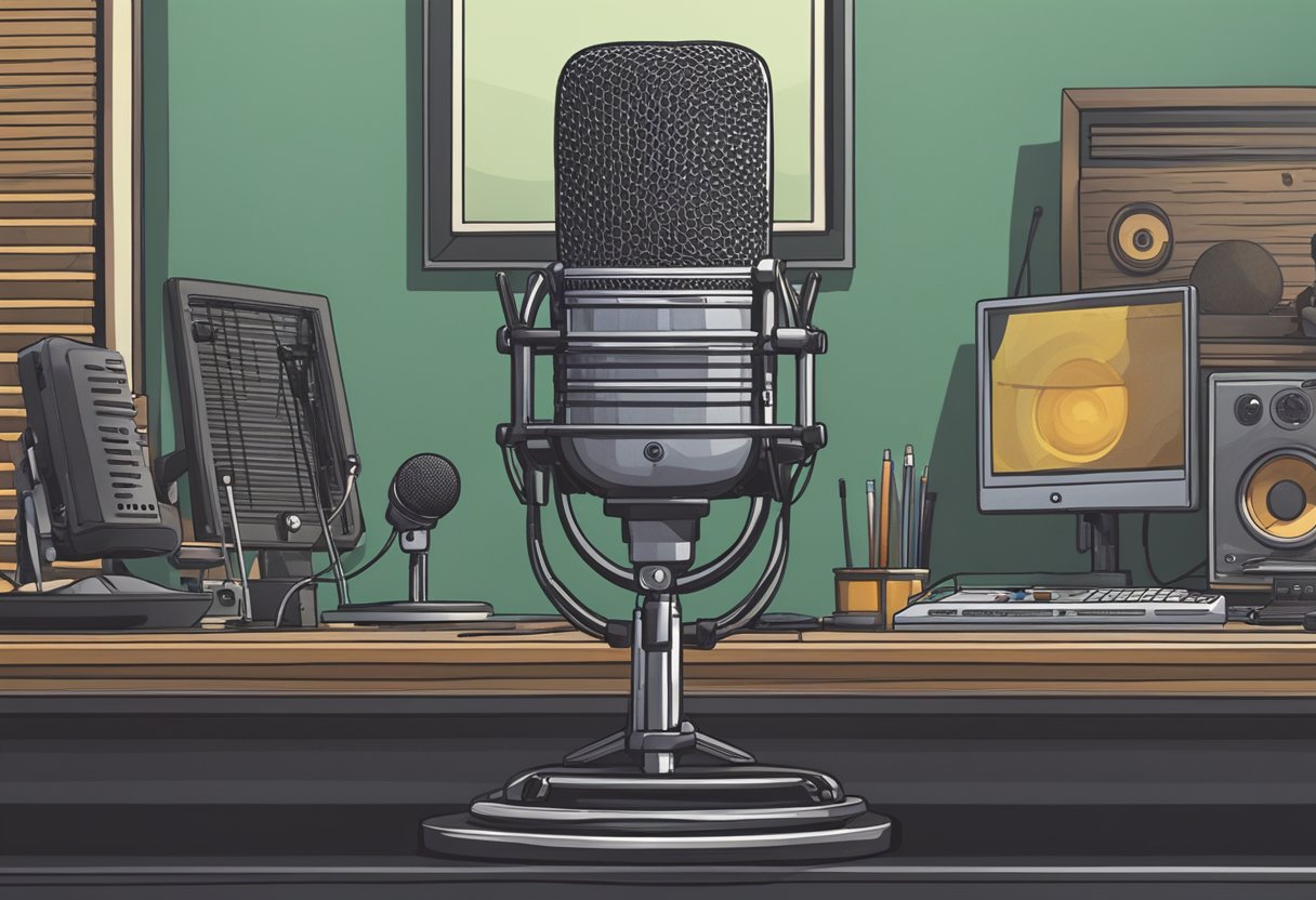 A microphone sits on a podcasting table, surrounded by recording equipment and a logo for "The Joe Rogan Experience."