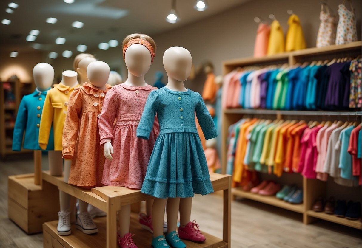 A colorful display of unique children's clothing designs arranged on shelves and mannequins in a bright, inviting boutique setting