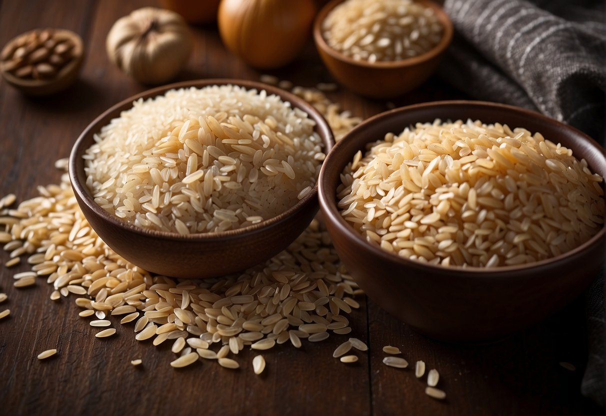 A bowl of cooked brown rice next to a glycemic index chart
