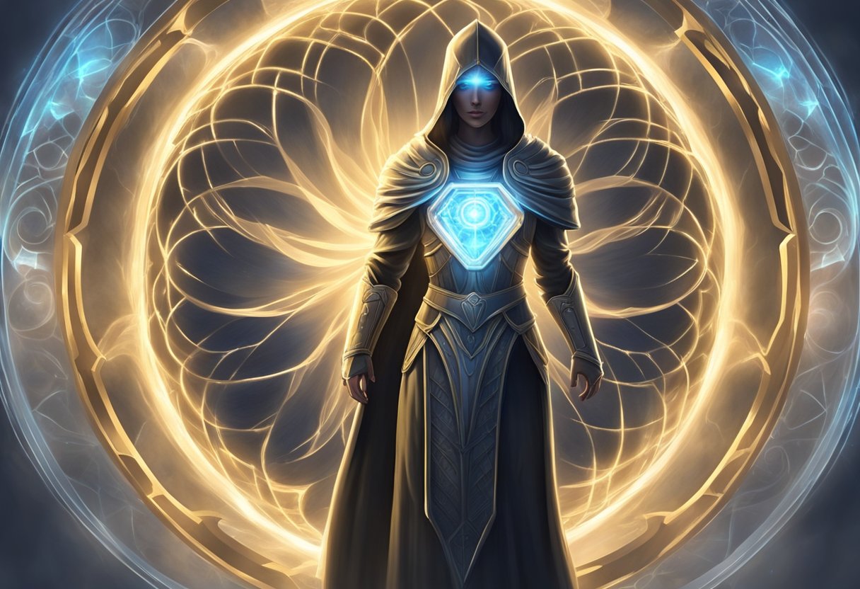 A glowing shield surrounds a serene figure, warding off dark, swirling energies. Rays of light pierce through, illuminating the protective barrier