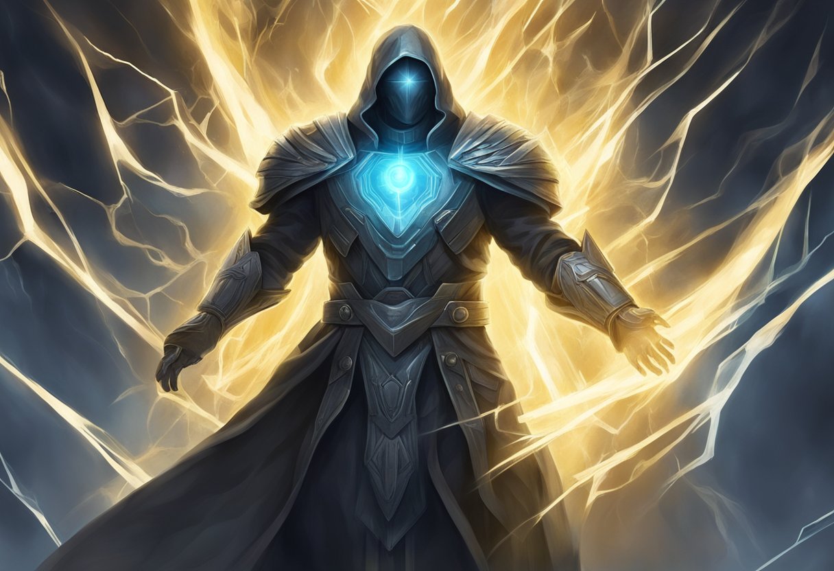 A shielded figure surrounded by a glowing barrier, warding off dark shadows and negative energies