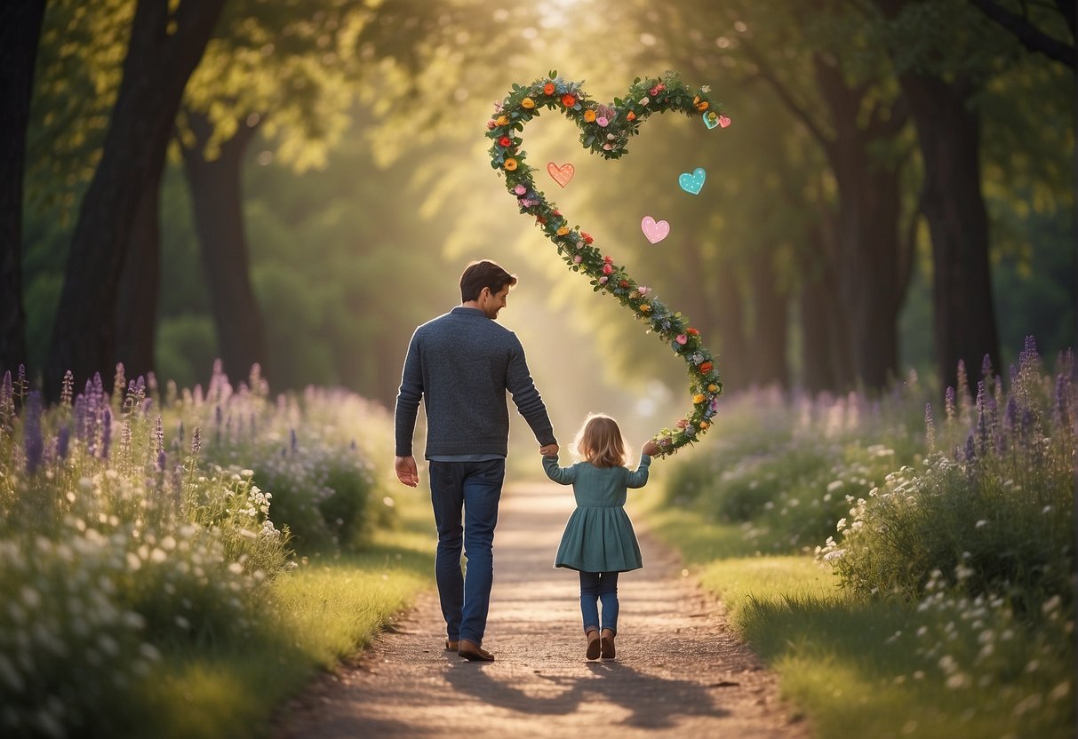 A parent and child holding hands, surrounded by symbols of love, growth, and protection, such as hearts, flowers, and a tree