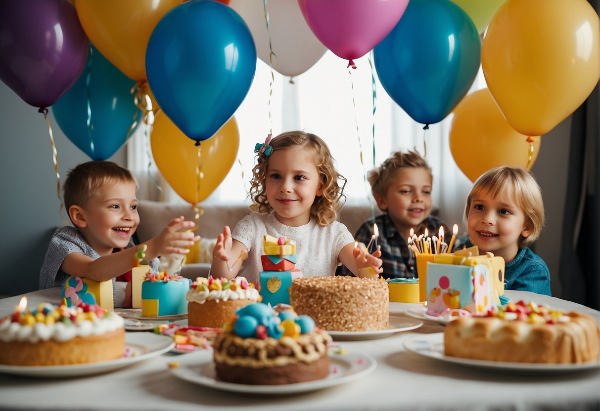 Children's birthday party decor with colorful balloons, cake, and presents. A table with tattoo design options and kids eagerly choosing their favorite