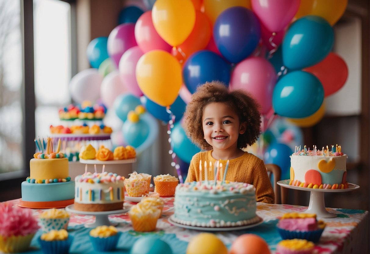Children's birthday party with colorful balloons, cake, and art supplies. A variety of artistic styles on display, from watercolor to cartoon characters