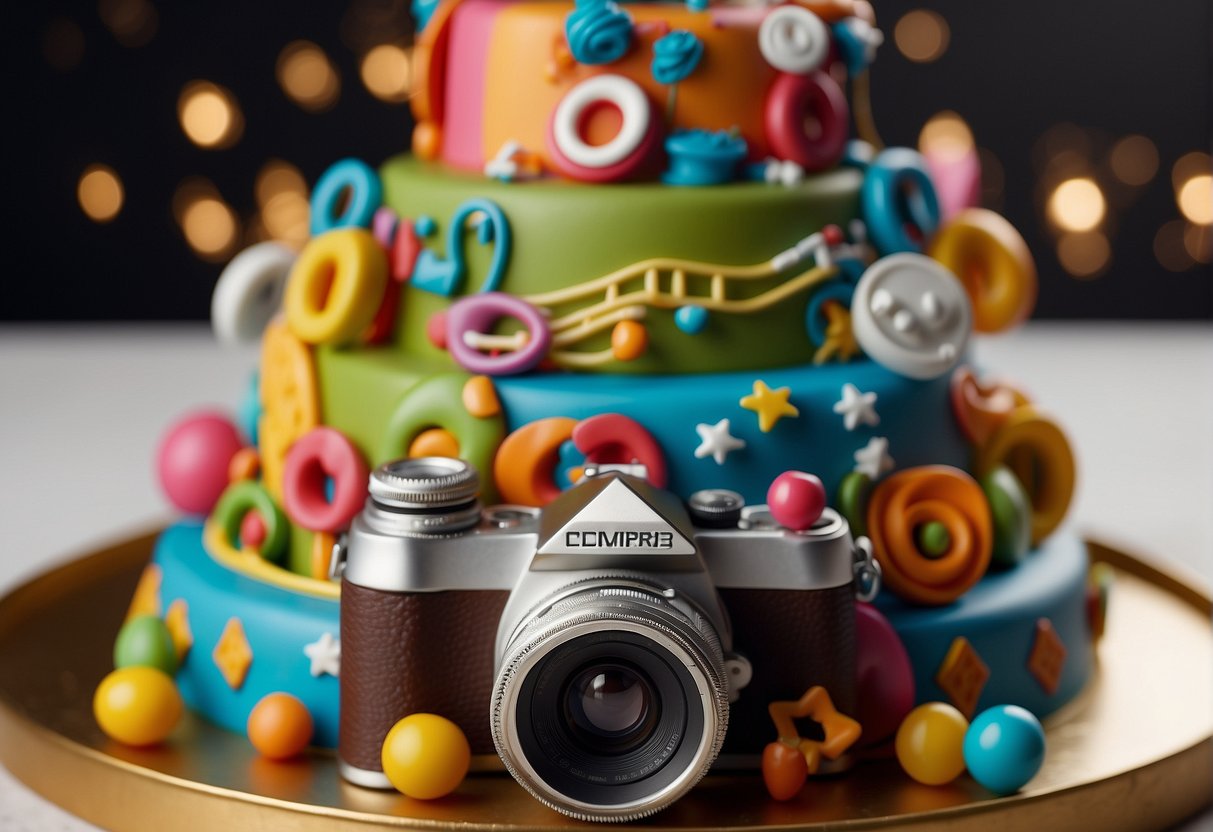 Colorful icons like movie reels, music notes, and star symbols surround a birthday cake with a microphone and a camera on top