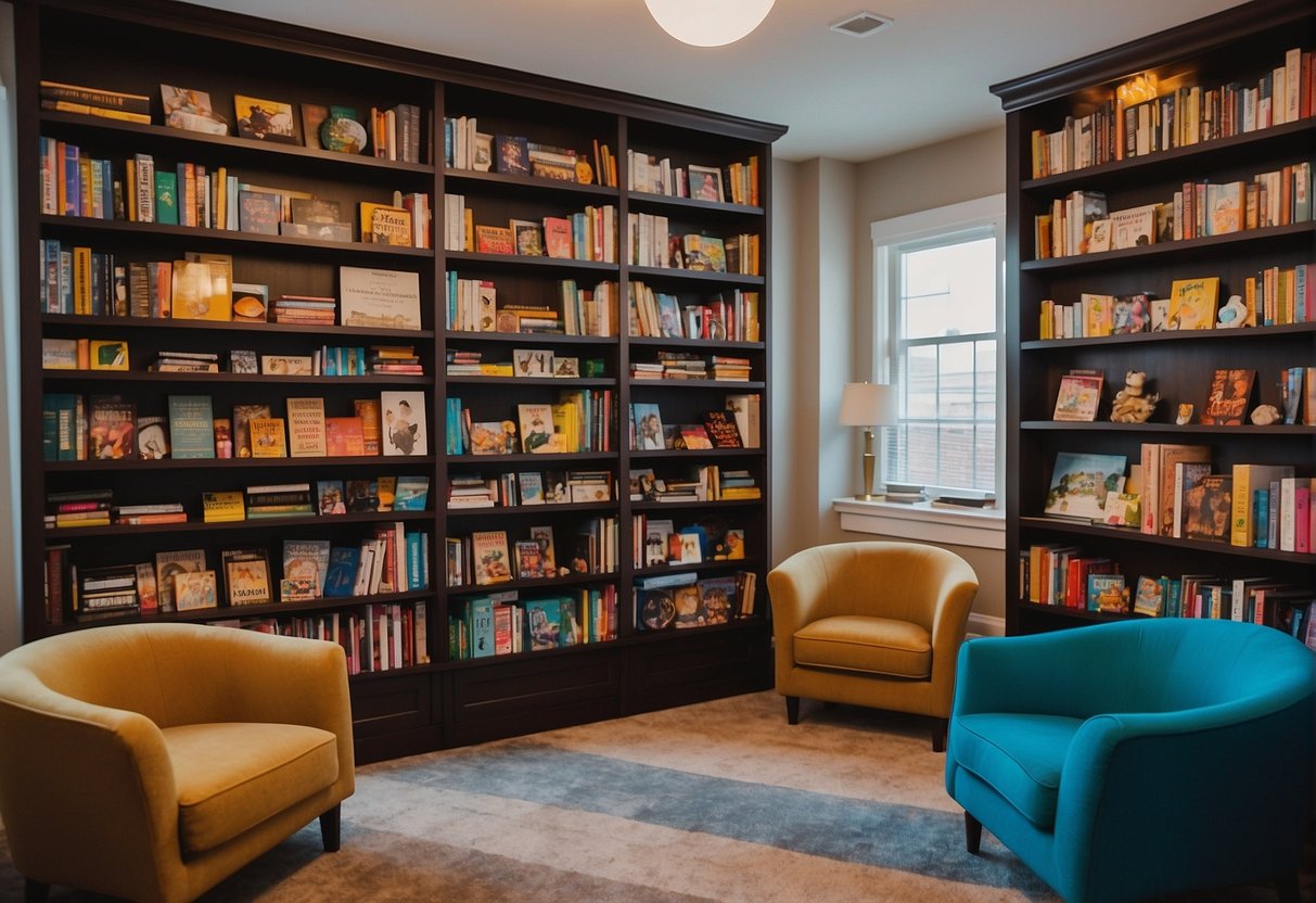 Colorful bookshelves line the walls, filled with picture books and chapter books. Cozy reading nooks with bean bag chairs and soft rugs invite children to dive into their favorite stories