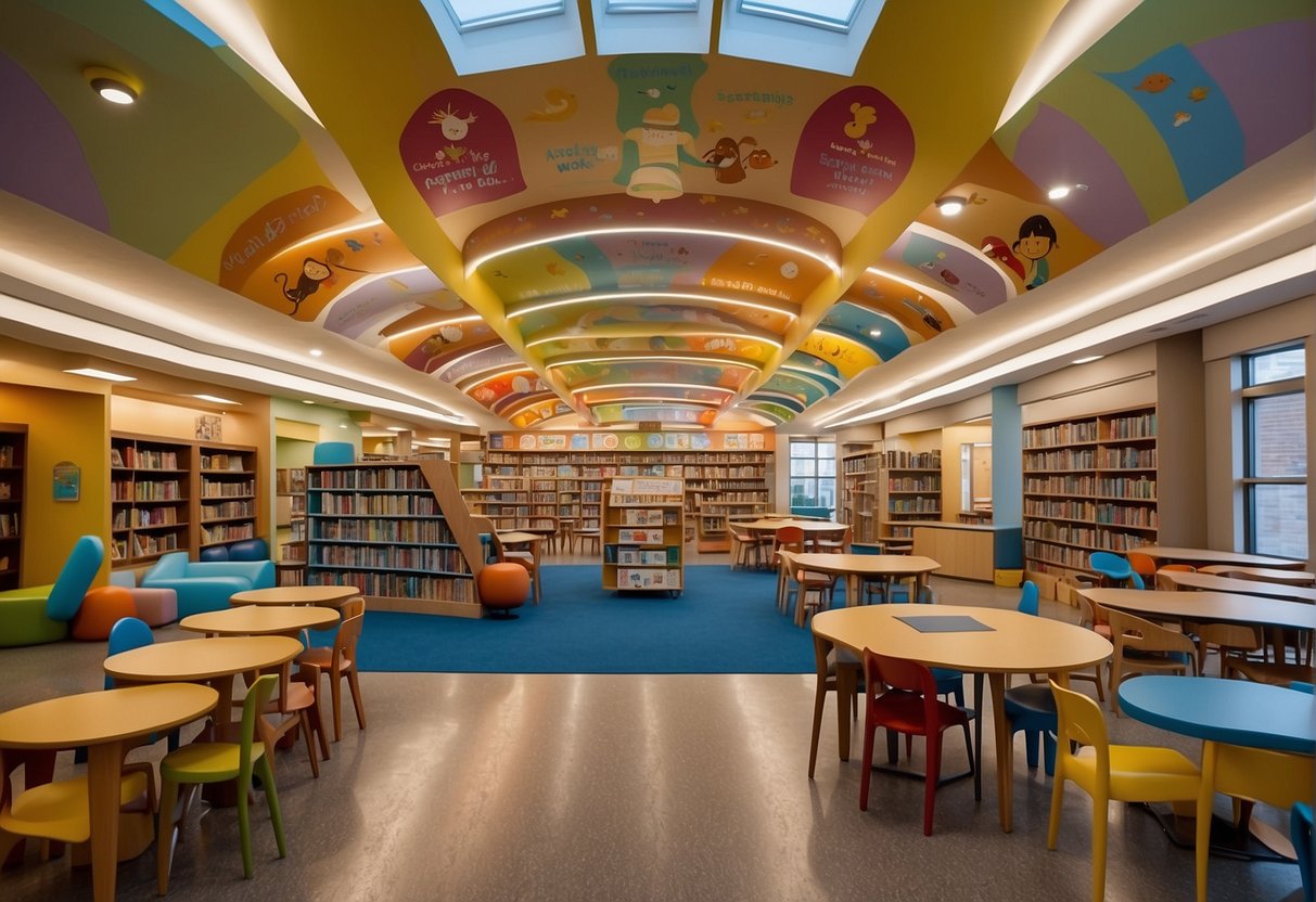 Bright, colorful children's library with cozy reading nooks, interactive learning stations, and a vibrant mural of storybook characters on the wall