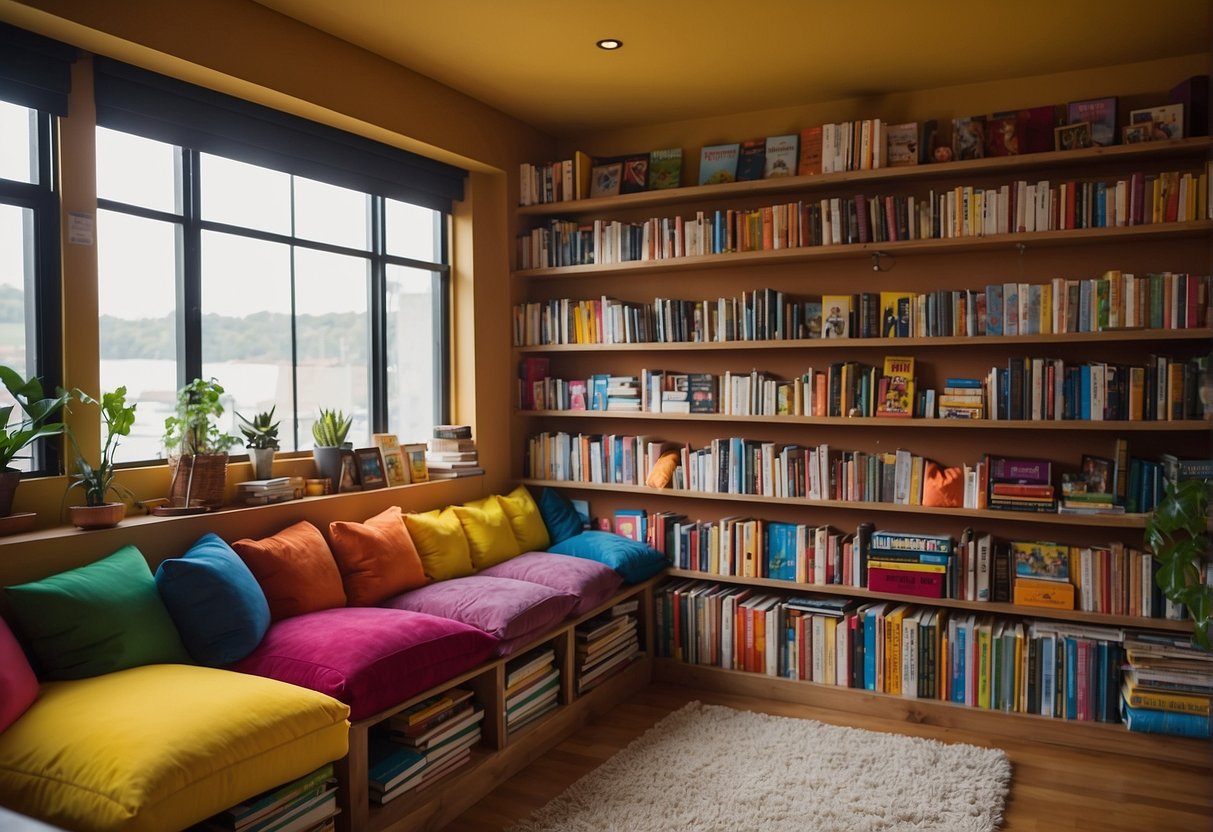 Brightly colored shelves line the walls, filled with books on various subjects. A cozy reading nook with bean bags and cushions invites children to sit and explore the world through literature