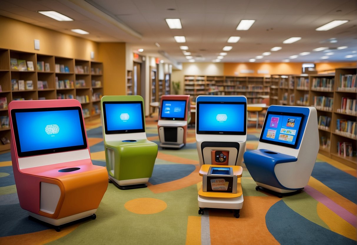 Children's library with interactive screens, tablets, and robots. Books displayed alongside digital learning tools. Bright, colorful space with cozy reading nooks