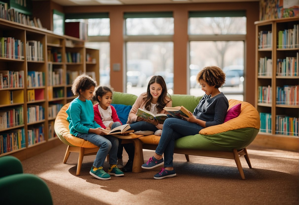 Children gather around a cozy reading nook, surrounded by colorful books and soft seating. Caregivers engage in storytelling and activities, fostering a sense of community and involvement in the children's library