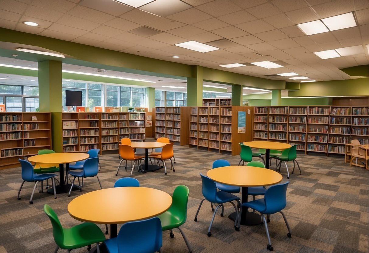 Children's library with low shelves, wide aisles, and bright, colorful signage. Wheelchair-accessible tables and cozy reading nooks with adjustable lighting