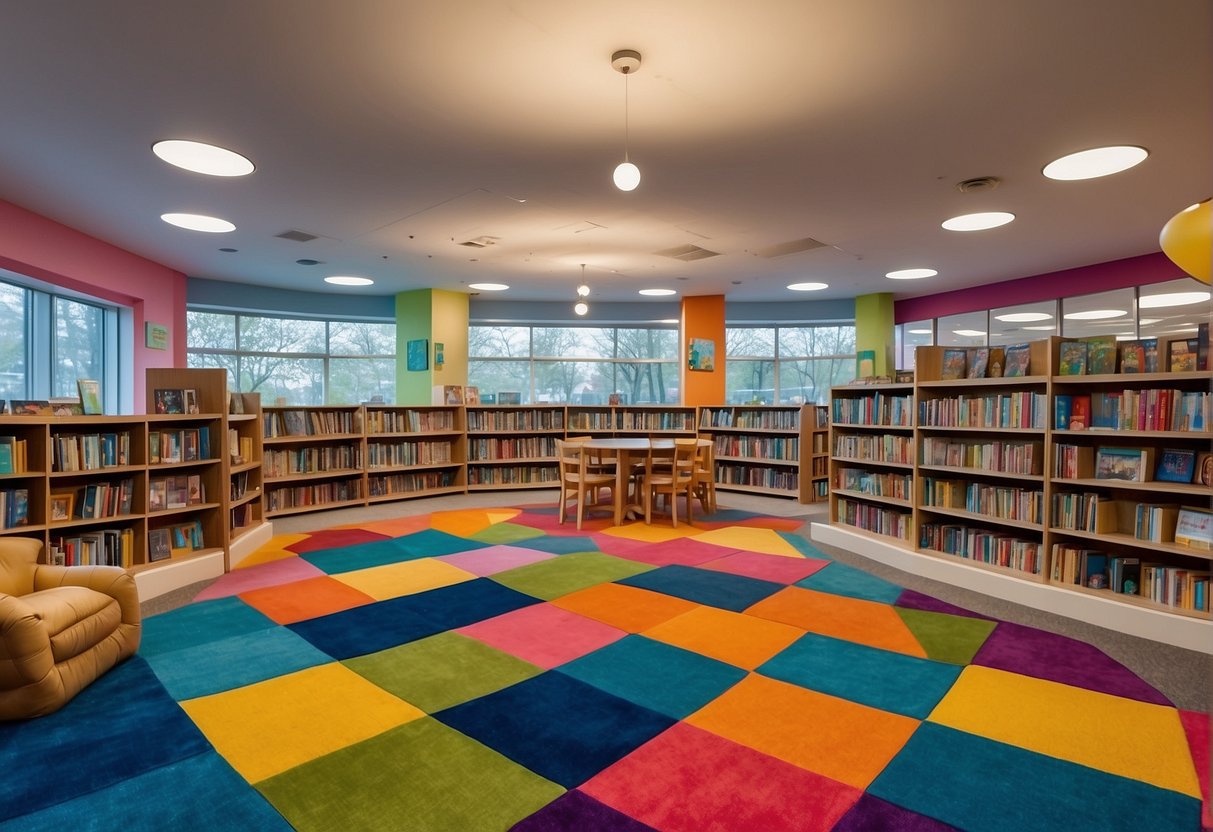 Children's library with colorful bookshelves, cozy reading nooks, craft tables, and a vibrant mural. Brightly colored rugs and bean bags add a playful touch