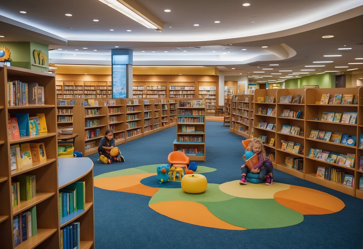 Children's library bustling with activity, colorful book displays, and interactive reading corners. Bright signage and engaging promotional materials draw in young readers