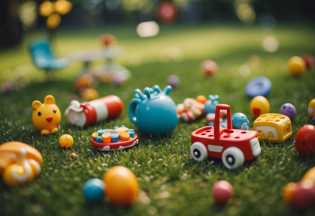 A colorful garden with whimsical decorations, picnic blankets, and a variety of games and activities for children to enjoy