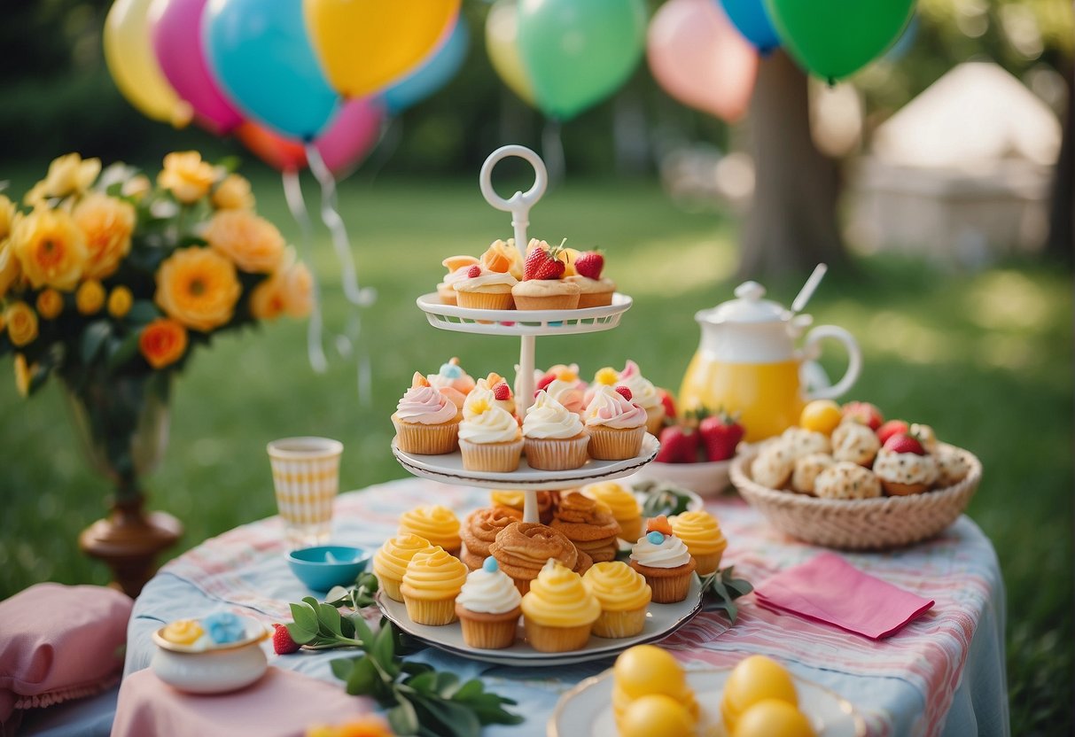Children's garden party: colorful balloons, picnic blankets, flower garlands, and a whimsical tea party set up with cupcakes and lemonade