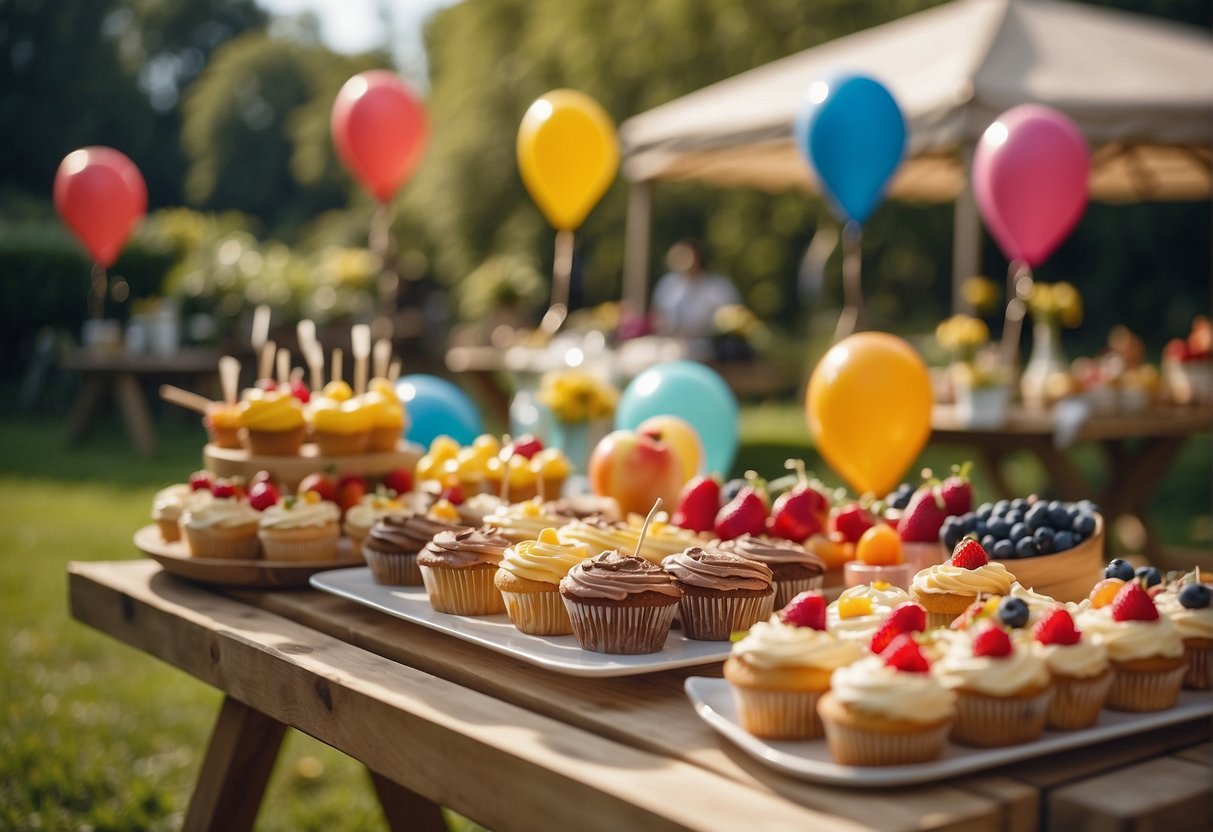 Colorful balloons, streamers, and picnic blankets adorn the garden. Tables are set with mini sandwiches, fruit skewers, and cupcakes. A small gazebo holds a craft station with paints and brushes