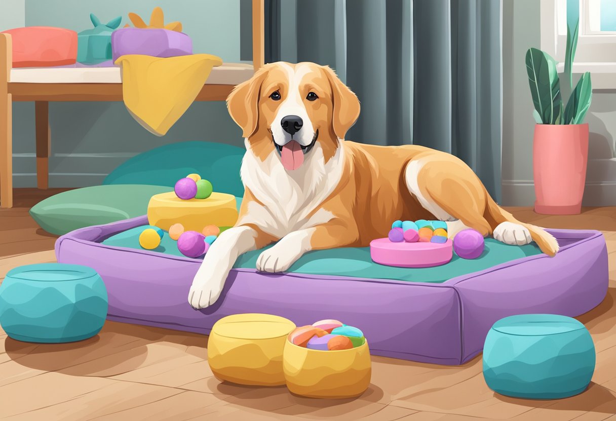 A large orthopedic dog bed with memory foam padding and a plush, washable cover, surrounded by toys and a water bowl