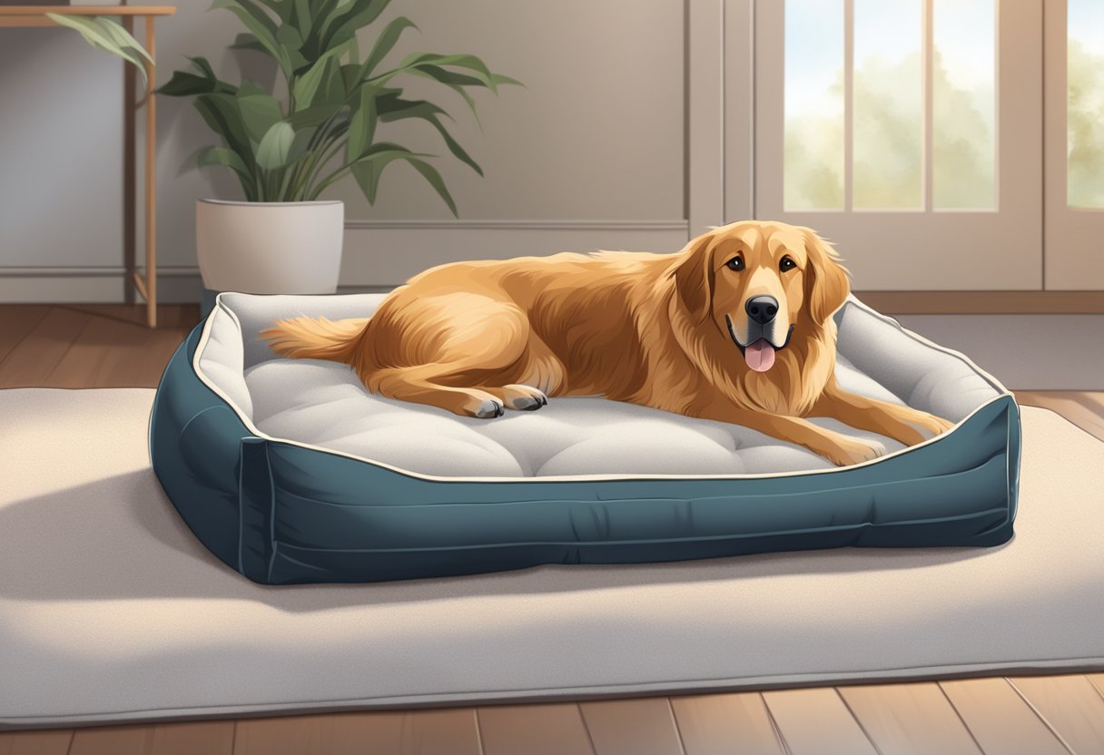 A large orthopedic dog bed with high-quality materials, surrounded by soft pillows and a cozy blanket, placed in a spacious and well-lit room