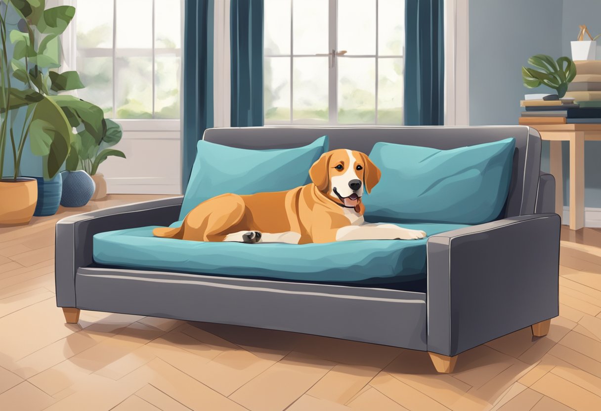 A large orthopedic dog bed placed in the living room of a spacious house, with a dog lying comfortably on it