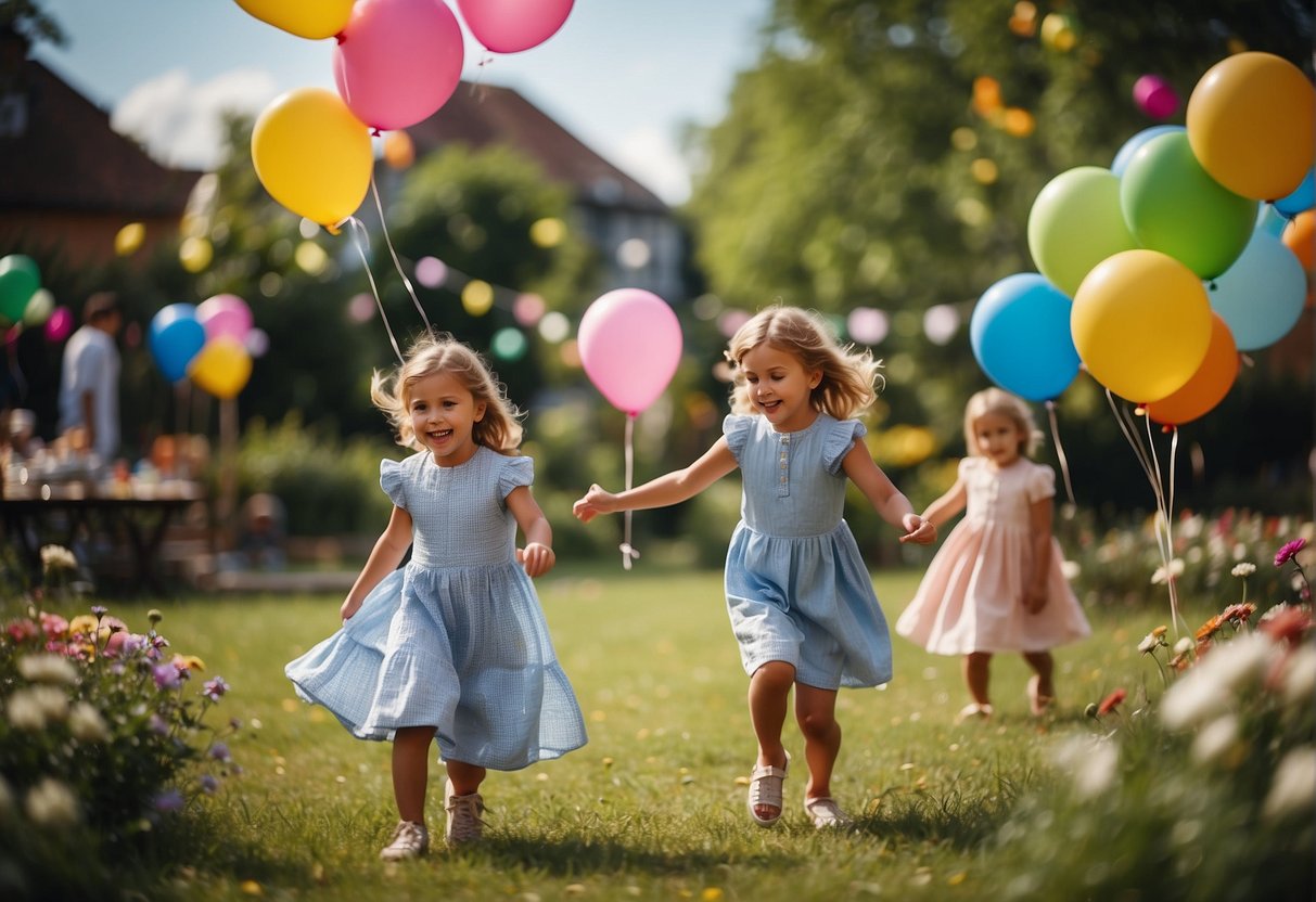 Children playing games, dancing, and having a picnic in a colorful garden filled with flowers and balloons