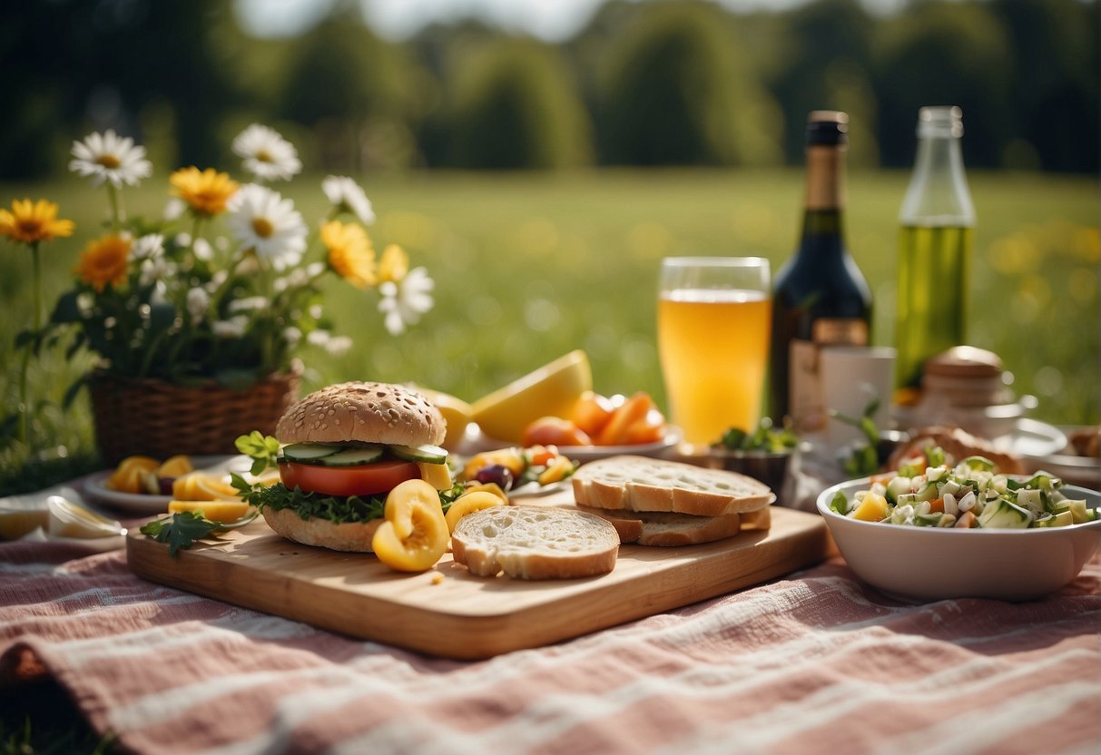 A colorful spread of garden-themed food and refreshments on a picnic blanket surrounded by blooming flowers and lush greenery
